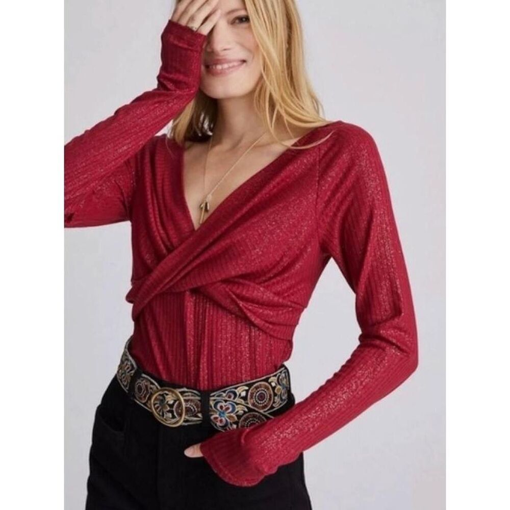 ANTHROPOLOGIE Wine Bordeaux Twist Front Gold Shimmer Surplice Top Romantic Sz XL
